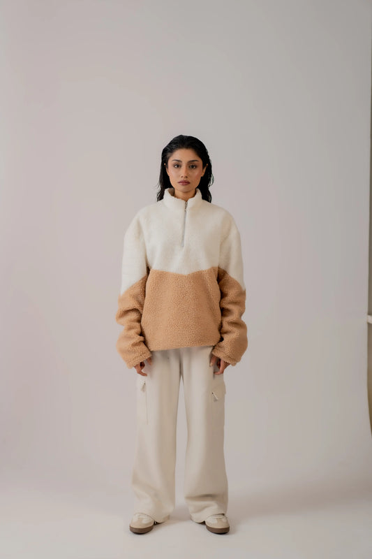 SHERPA FUR HALF ZIP WHITE & UPPER COFFE